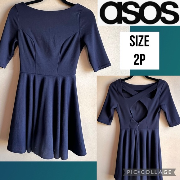 ASOS Petite Dresses & Skirts - ASOS Petite Womens Dress Navy Blue Knit Short Sleeve Skater Criss Cross Back 2P